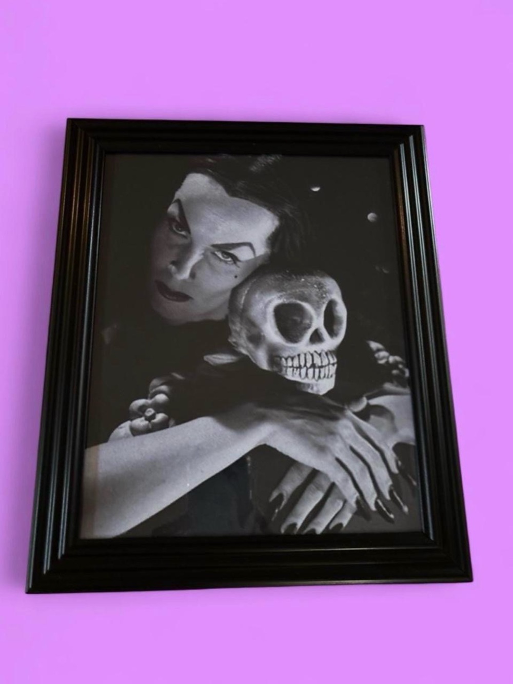Black Gothic Portrait Wall Art with Black Frame - Vampira embracing skull 8x10”